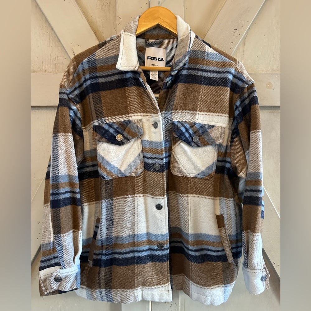 RSQ Plaid Shacket Jacket Medium Brown Blue Cream